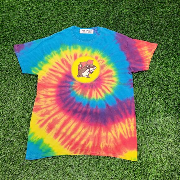 Vintage Y2K Buc-ee the Beaver Tie-Dye Shirt Medium 19x25 Cotton Red Yellow Blue - Picture 1 of 11